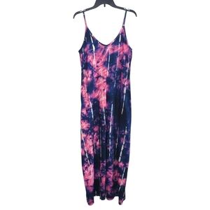 Poetsky Tie Dye Strappy Maxi Dress w Pockets V Neck Pink Purple Beach Sundress L